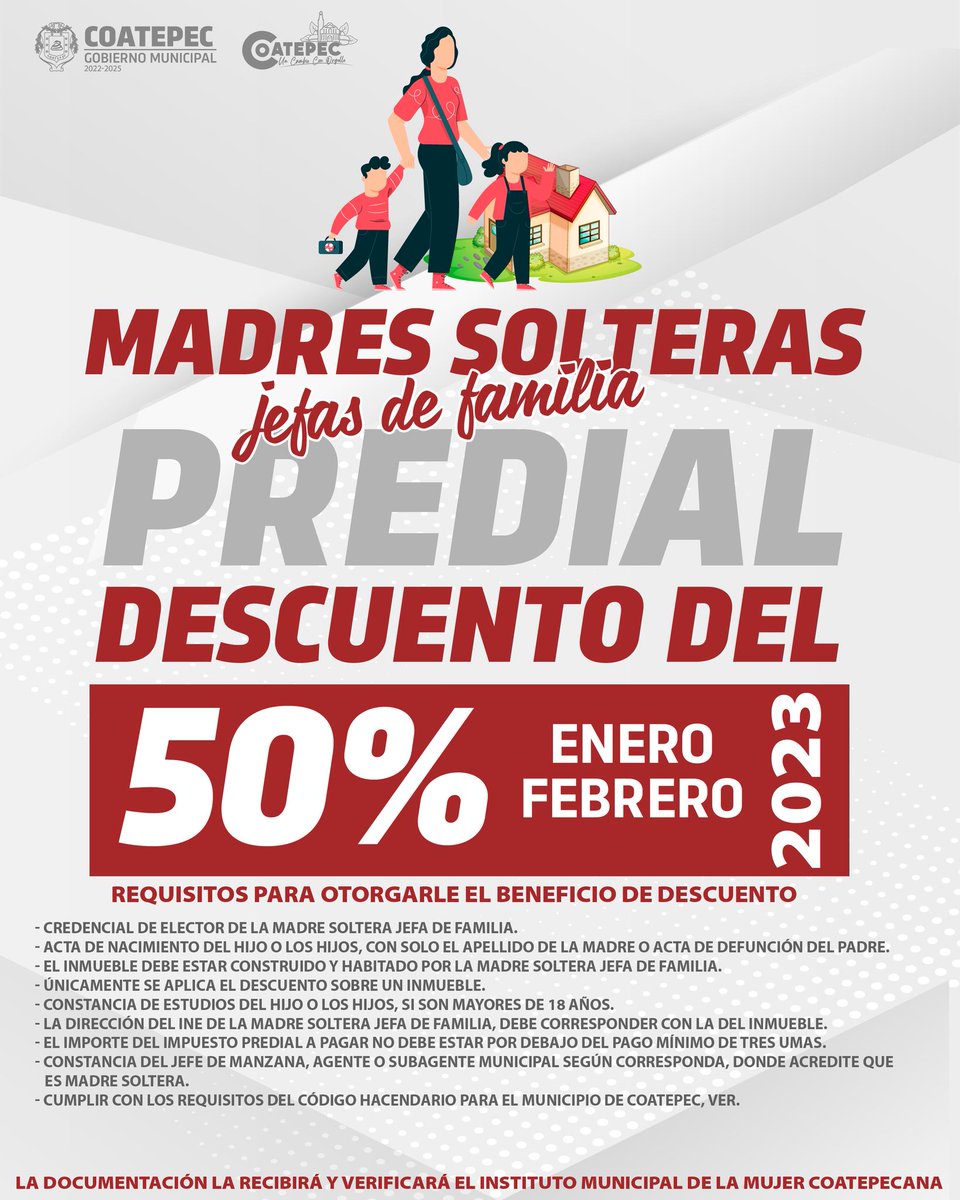 El H. Ayuntamiento de Coatepec da a conocer el beneficio del descuento del 50 % en el pago del impuesto predial para madres solteras jefas de familia.

En #Coatepec trabajamos por las mujeres más vulnerables de nuestro municipio.
#UnCambioConOrgullo