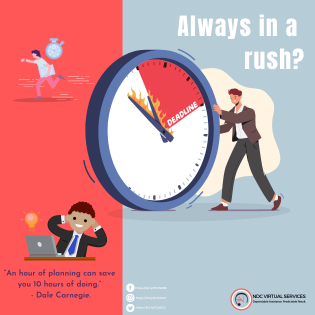 ndcvirtualsvcs's tweet photo. If you are always in a rush 🏃‍♀️, it may be helpful to plan ahead and make lists of your tasks that need to be completed. Set realistic deadlines 📋 to help prevent you from feeling overwhelmed.
Follow Us at https://t.co/bEJaJDlteD
#planningtime #ndcvirtualservices #planningahead https://t.co/ofbbdH5zz7