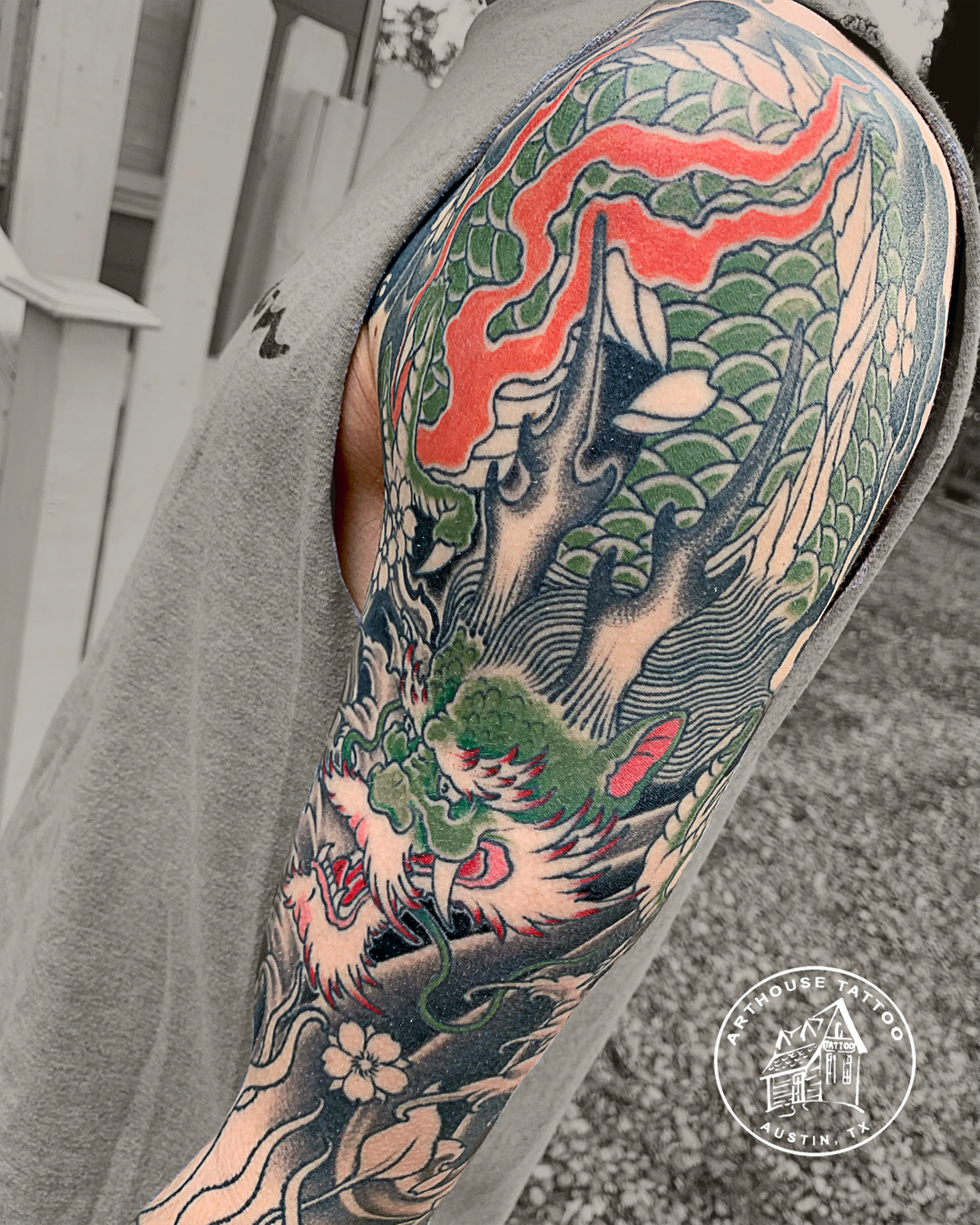 Japanese sleeve tattoo in progress.