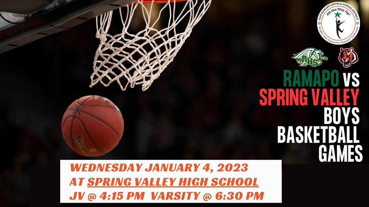 Get ready for some #EastRamapo hoops!
Tomorrow Wednesday January 4 2023 the Boys' Basketball Game bw Ramapo &amp; Spring Valley will be held @ Spring Valley. JV plays @ 4:15pm &amp; Varsity @ 6:30pm. Come out and show your support! #EastRamapo #GoGryphons #GoTigers