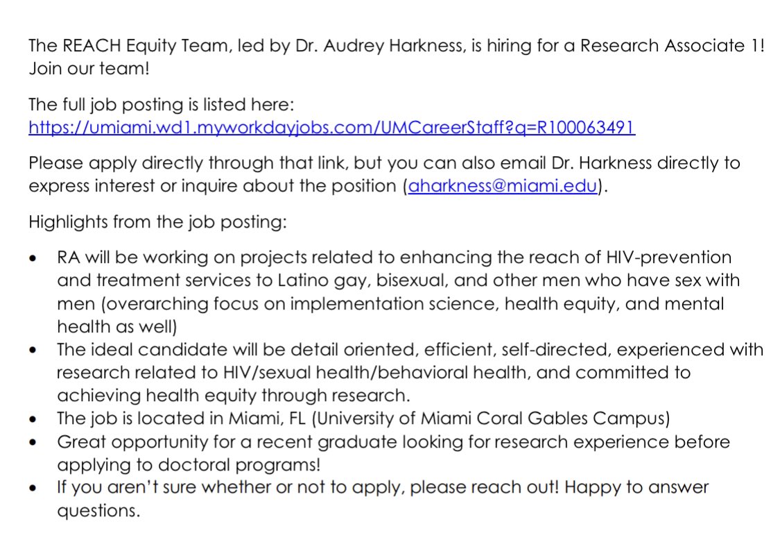 audreyharkness's tweet photo. REACH Equity team is hiring an Research Associate! Great opportunity for recent grads interested in HIV equity research to gain experience and serve the community. Link to apply: https://t.co/0IgEFzUquI (feel free to DM or email with questions!). Pls share! https://t.co/YdQ5E7M3UJ