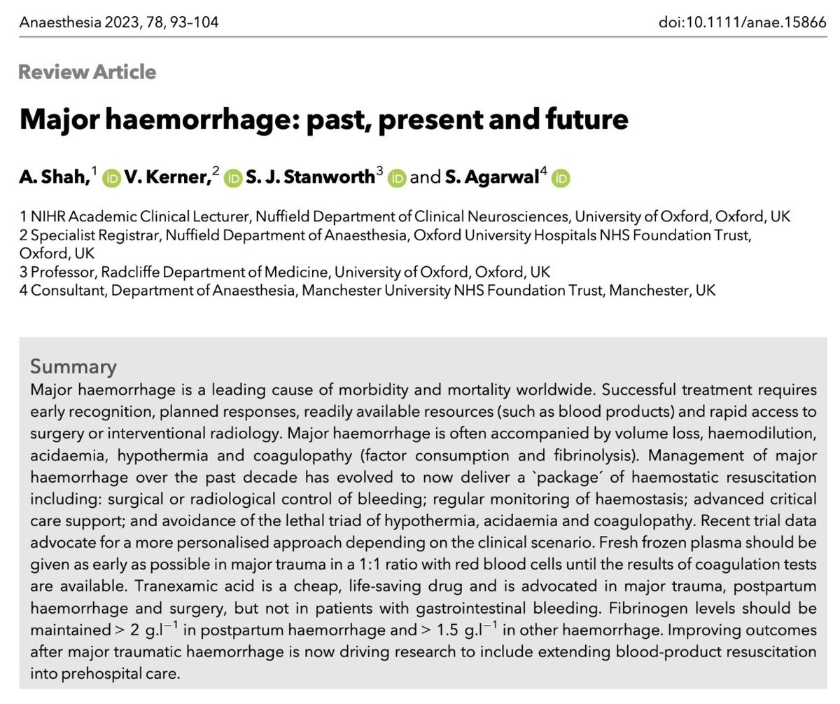 Anaes_Journal's tweet photo. 🔐Major haemorrhage: past, present and future.

This great new paper from @DocAShah, @OxCPD, @SimonStanworth and @SeemaMosca is now #OpenAccess and #FreeForever!

🔗https://t.co/XPqZ85hA6r https://t.co/R6V3cNtszG