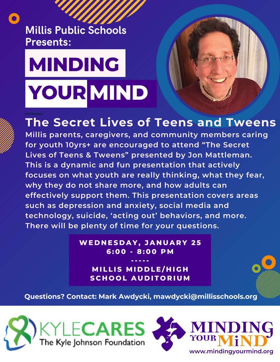 Thanks to a generous grant from The Kyle Cares Foundation, we are excited to host “The Secret Lives of Teens and Tweens” presented by <a href="/jonmattleman/">Jon Mattleman</a> on Jan. 25, from 6-8pm in the HS/MS auditorium. Hope to see you there!