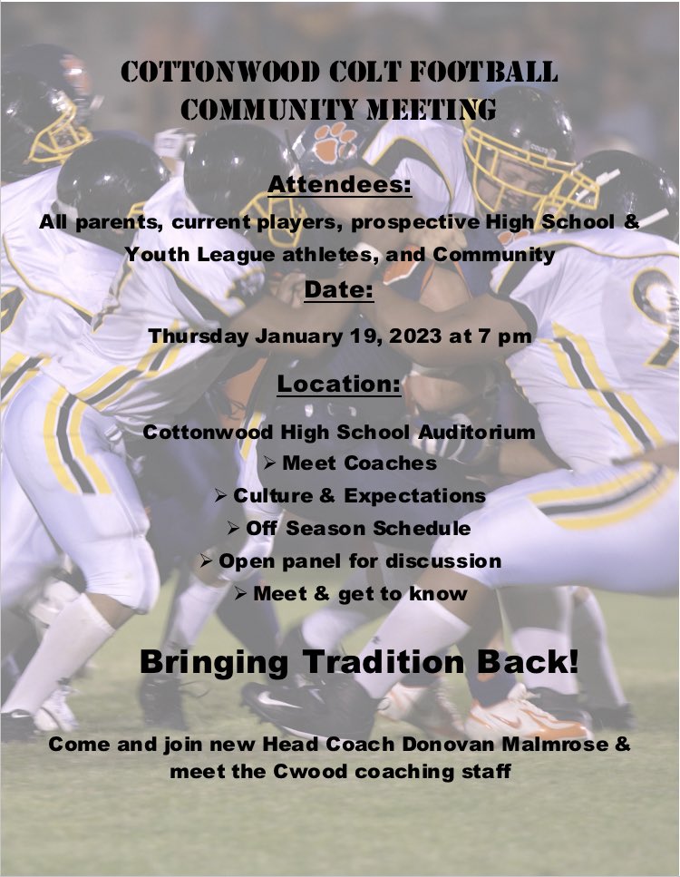 Come and hear what the new Cottonwood Football Family is all about! Have the opportunity to get to know the new coaching staff and their vision for our youth and community! #ProtectTheOhana @cwoodcolts