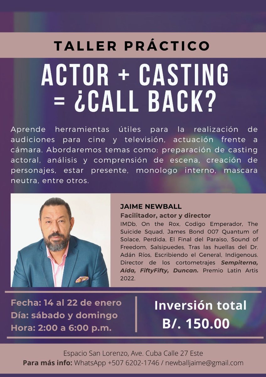 Herramientas para ser efectivos frente a la cámara en call backs para cine y televisión,por el internacional <a href="/jaimenewball/">Jaime Newball</a>
Mas info 6202-1746 
Correo newballjaime@gmail.com

#Cine #television #actor #actores #acting #actinglife #callback #produccionaudiovisual #actorespanameños