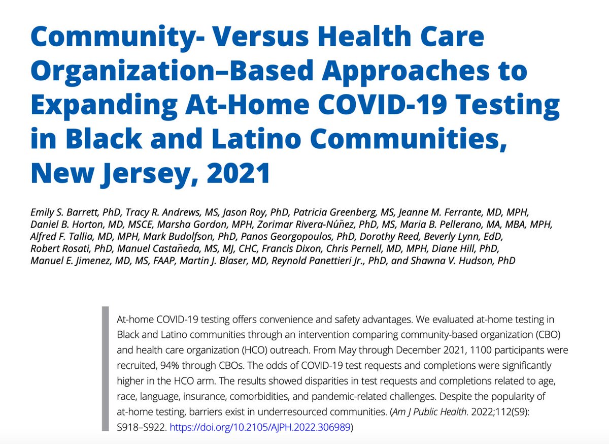 AMJPublicHealth's tweet photo. Researchers evaluated expanding at-home COVID-19 testing among Black and Latino New Jersey residents and found that community-based approaches were more successful than health care organization–based approaches

Read the full article here: https://t.co/hHTBPToukS

@RadxUp https://t.co/sTBqnIBNAh