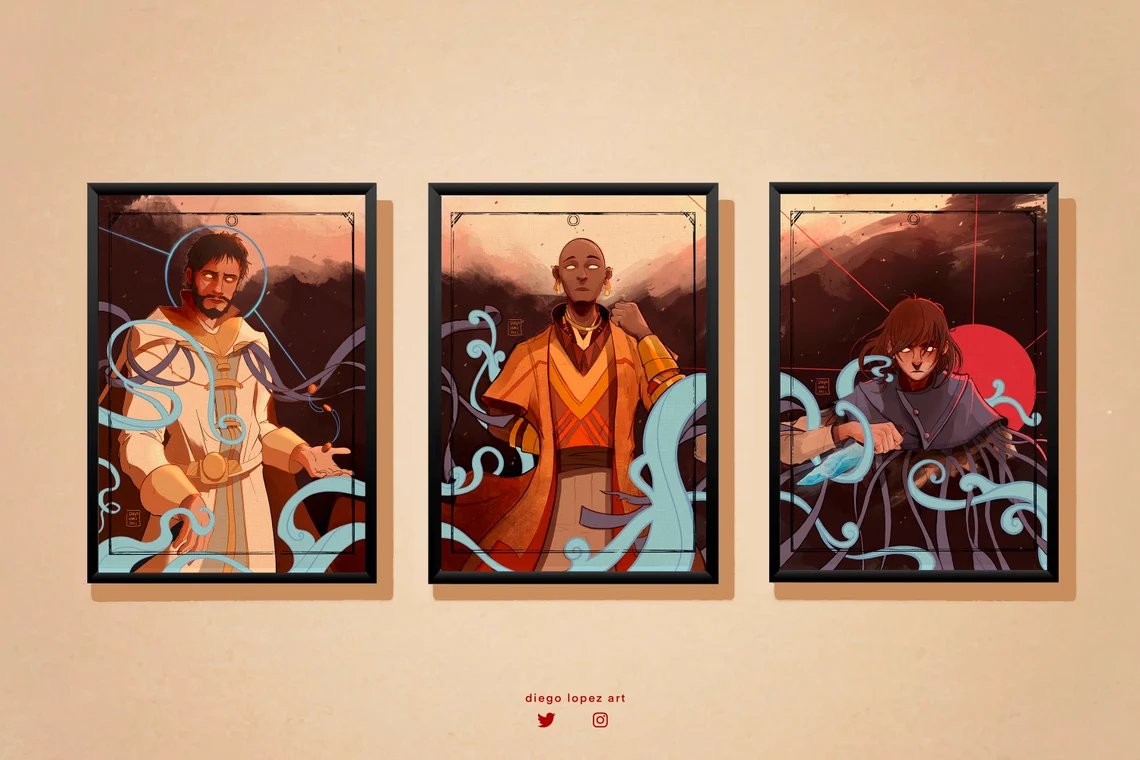 Cosmere_es's tweet photo. Diego ha abierto su Etsy con láminas tan maravillosas como estas en las que vemos las ilustraciones que hizo durante el #cosmereinktober y en breve son Reyes, por si los reyes necesitan ideas. https://t.co/WiI5nxqr20