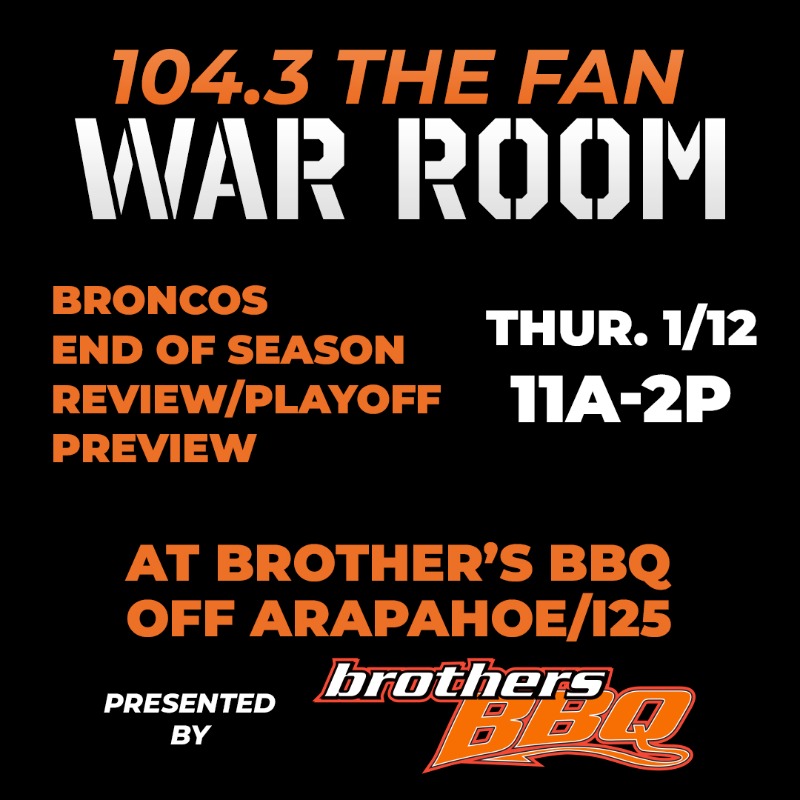 DenSports1043's tweet photo. It’s The Fan War Room LIVE from @BrothersbbqCO on 1/12! Our panel of fan hosts will be broadcasting from 11a-2p at Brothers BBQ on Arapahoe Rd. Join the fun as the guys break down Denver's football season &amp; enjoy some delicious BBQ!

Visit https://t.co/CI0IcTbztc