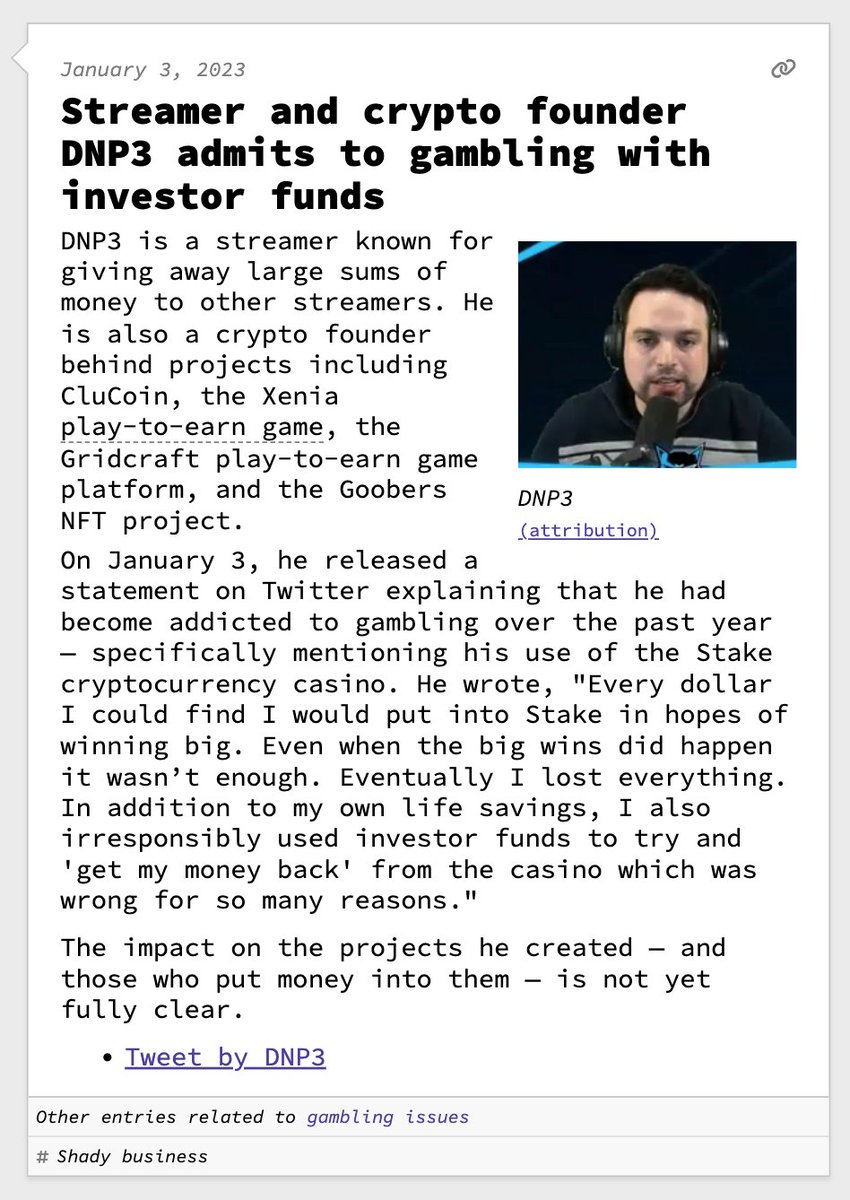 Streamer and crypto founder DNP3 admits to gambling with investor funds  January 3, 2023 https://t.co/0ElkheOyVL