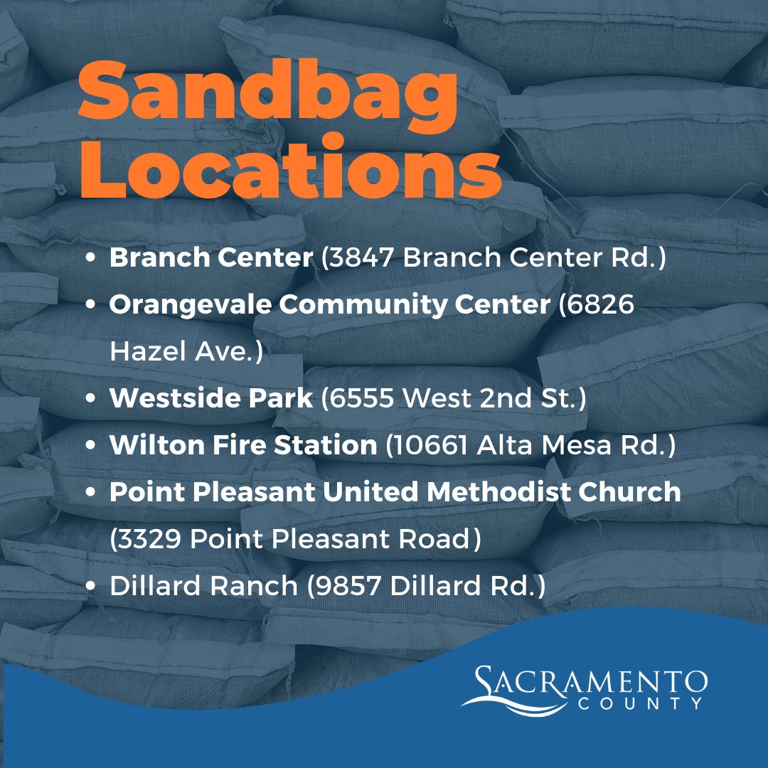 SacCountyCA's tweet photo. Six sandbag locations are open for residents in the unincorporated areas of the county: 
    Branch Center (3847 Branch Center Rd.)
    Orangevale Community Center (6826 Hazel Ave.)
    Westside Park (6555 West 2nd St.)
    Wilton Fire Station (10661 Alta Mesa Rd.)🧵 https://t.co/gRS9YTpJU0