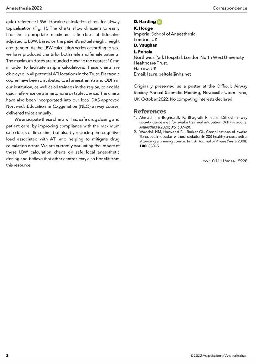 🔐Lean body weight local anaesthesia topicalisation charts for awake tracheal intubation.

"We anticipate these charts will aid safe drug dosing and patient care, by improving compliance with the maximum safe doses of lidocaine..."

🔗…-publications.onlinelibrary.wiley.com/doi/10.1111/an…