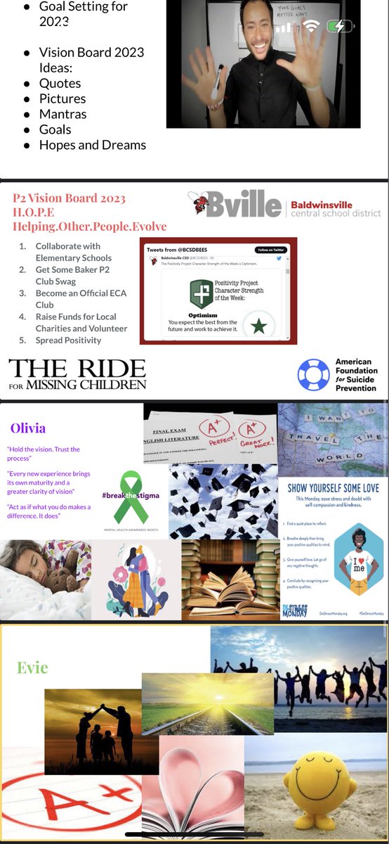 The Baker P2 Club kicking off the year with some Optimism! We had a mindful minute with <a href="/Anthony_DeMario/">DeMario</a> and learned how to crush our 2023 Goals no matter what! Vision Board Planning for the New Year. #positivityinaction <a href="/BCSDBEES/">Baldwinsville CSD</a> <a href="/PosProject/">The Positivity Project</a>