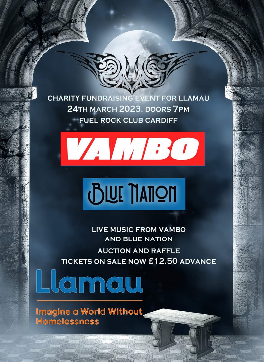 I am holding a charity event for <a href="/LlamauUK/">Llamau</a> at <a href="/FuelCardiff/">Fuel Rock Club</a> on 24th March 2023. There will be live music from <a href="/vamboofficial/">Vambo</a> and @bluenationmusic with an auction and raffle. I am considering adding a 3rd band but not confirmed.
🎟 👉 tinyurl.com/c59dzu5z #EndYouthHomelessness
