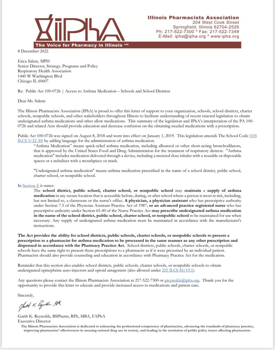Attention @ILSchoolNurses: @RespHealth has provided this letter, avail on their website. Present it to a pharmacist when working to get an Rx for #StockAlbuterol filled. @ISBEnews Thank you for your support in getting life saving meds in school for our children @ILPharmacists.👏🏽
