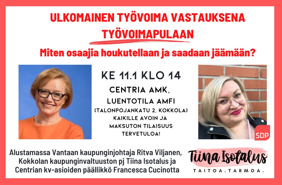 Tiina Isotalus (@tiinaisotalus) on Twitter photo Ensi viikolla koppia tärkeästä ja ajankohtaisesta aiheesta. <a href="/RitvaViljanen/">Ritva Viljanen</a> kertoo Vantaan esimerkistä - miten #ulkomainentyövoima otetaan vastaan ja onko siinä ratkaisu #työvoimapula ? #kotouttaminen Ensi viikolla koppia tärkeästä ja ajankohtaisesta aiheesta. <a href="/RitvaViljanen/">Ritva Viljanen</a> kertoo Vantaan esimerkistä - miten #ulkomainentyövoima otetaan vastaan ja onko siinä ratkaisu #työvoimapula ? #kotouttaminen