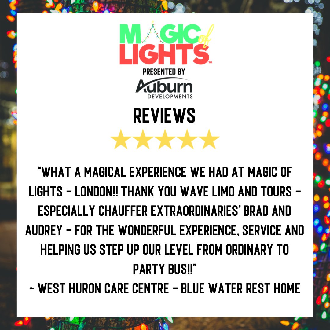 Magic of Lights is such an experience but we think it's that much cooler when you're with a bus full of people to experience it with! ✨

Thanks for the kind words!

Purchase bus and standard vehicle tickets here: tickets.magicoflights.ca/london

#LdnOnt