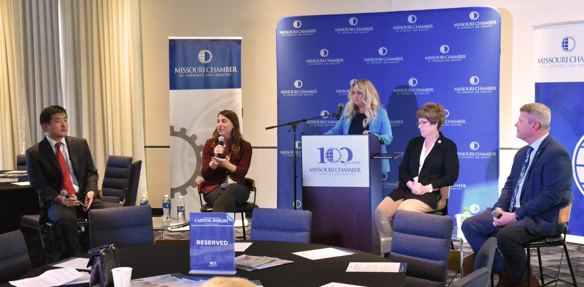 MissouriChamber's tweet photo. An informative bipartisan legislative panel featuring #MoLeg’s top leaders: Sen. @DougBeck562, Assistant Minority Floor Leader; Sen. @cindyolaughlin2, Majority Floor Leader; Rep. Jon Patterson, Majority Floor Leader; Rep. @crystal_quade, Minority Floor Leader. #MoCapitolInsight https://t.co/TJFP1QqeDT