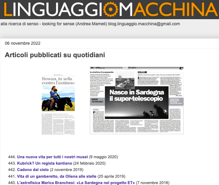 Nel periodo 1994-2020 ho pubblicato #articoli su svariati temi (scienza, tecnologia, cinema, fumetti, libri, ecc, su diversi quotidiani). 
Per il momento sono riuscito a raccoglierne 444: linguaggio-macchina.blogspot.com/2022/11/artico…