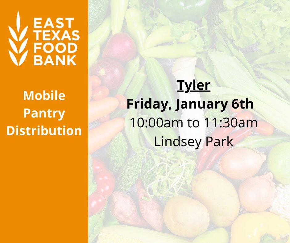 Our Mobile Pantry Program will have a distribution this week in Tyler at Lindsey Park on Friday, January 6th from 10:00am to 11:30am. No ID or paperwork is needed to receive fresh produce items while supplies last.