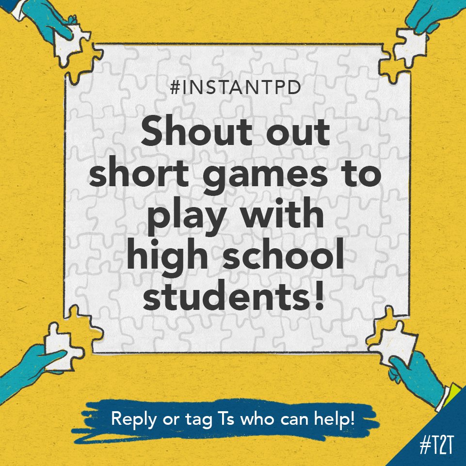 teacher2teacher's tweet photo. What games do you ❤️ to play with your high school Ss? 🎲

T @danacoledares is looking for short games for homeroom – share your suggestions!

#InstantPD #TeacherTwitter #TeacherHack #EdChat https://t.co/17TjqGHqQs