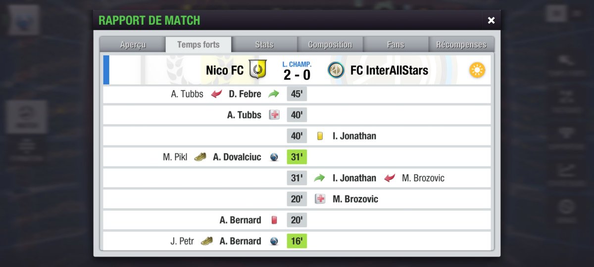 NicoFCfr's tweet photo. Ligue des champions: Match rugueux, avec l'exclusion de Bernard dès la 20e min, 4minutes après avoir marqué. Ça n'empêche pas Nico FC de dominer le match à 10 contre 11 et de s'imposer 2-0, grâce à un 2eme but marqué par Dovalciuc. #TopEleven https://t.co/jjbYaN9xRG