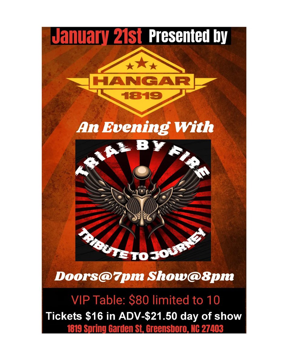 tbfjourney's tweet photo. Join Trial by Fire Tribute to Journey January 21st
Help us celebrate the music of Journey

@Hanger.1819
@greensborocity
@DowntownGSO
@VisitGSO
@TriadBizJournal https://t.co/UzPQMl2wi0