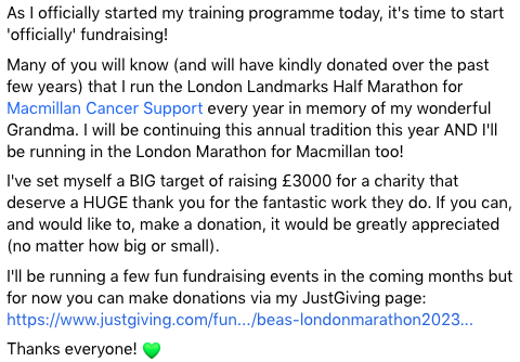 For anyone on here who would like to support my fundraising for <a href="/macmillancancer/">Macmillan Cancer Support</a> (by running both the <a href="/LLHalf/">London Landmarks Half Marathon</a> AND the <a href="/LondonMarathon/">TCS London Marathon</a>) this year, my JustGiving page can be found here: justgiving.com/fundraising/be… 
💚💚💚