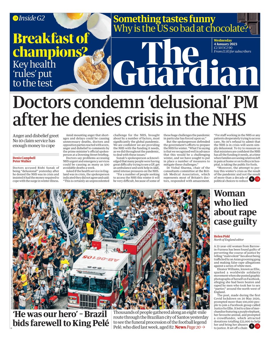 Guardian front page, Wednesday 4 January 2023: Doctors condemn ‘delusional’ PM after he denies crisis in the NHS