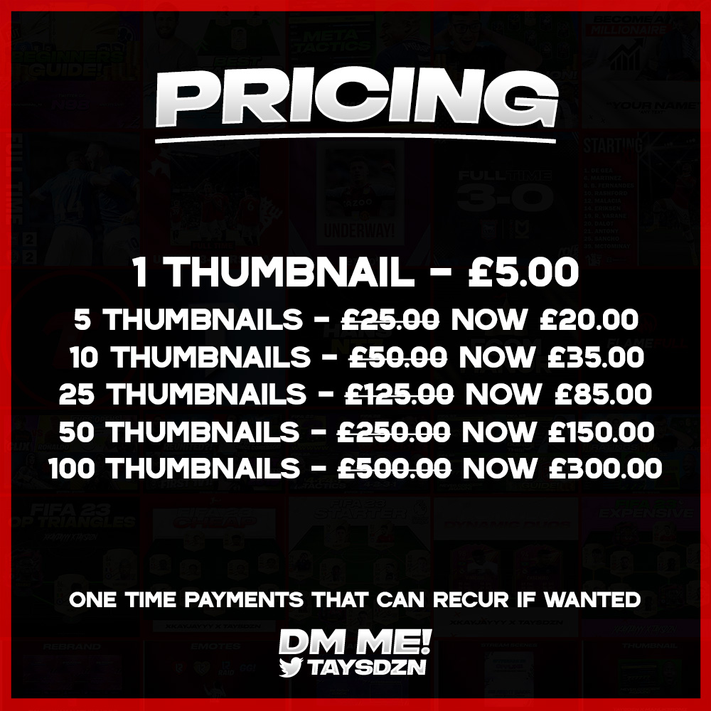 TaysDZN's tweet photo. MASSIVE BUNDLE DEAL FOR YOUTUBERS 🚨

Looking for someone to help boost video interactions and engagement with high quality thumbnails? Hit my DM 📩

See my work linked in my bio and also below here. Pricing also shown below 👇

Retweets ♻️ &amp; Likes ❤️ mean a lot! https://t.co/BHAlIym0TU