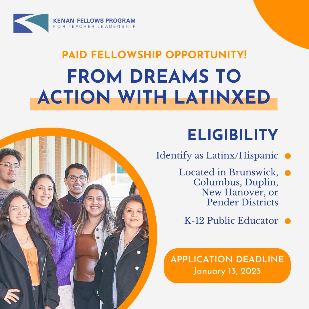 🧑🏽‍🏫 Calling all #EasternNC Latinx K-12 educators! We have an amazing PAID fellowship opportunity with @kenanfellows! for you to join our work in Summer 2023

🏫 Learn more and apply: l8r.it/6eO5 

#NCEd #Education #Fellowship