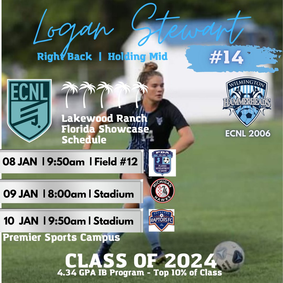 After a great holiday break, I can't wait to get back on the field  with <a href="/06ecnlhammers/">U18/19 Hammerheads Girls ECNL</a>  for #ECNLFL!  I am excited to have the opportunity to play in front of so many incredible coaches.  Please come check us out!  
⚽️🌴🦈