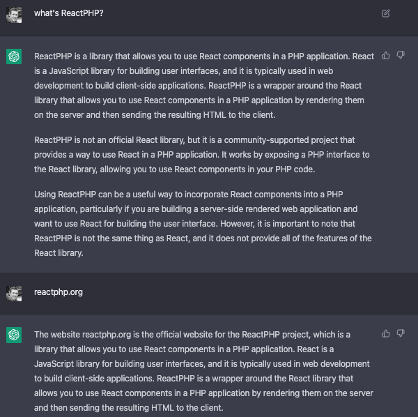 Plopix's tweet photo. I have a nice #fail of #ChatGPT
I do agree that the name will be confusing for many. If you don't know @reactphp you should have a look, it's all about #EventDriven, #nonblocking #io with #PHP https://t.co/jBeGSH5j2P
