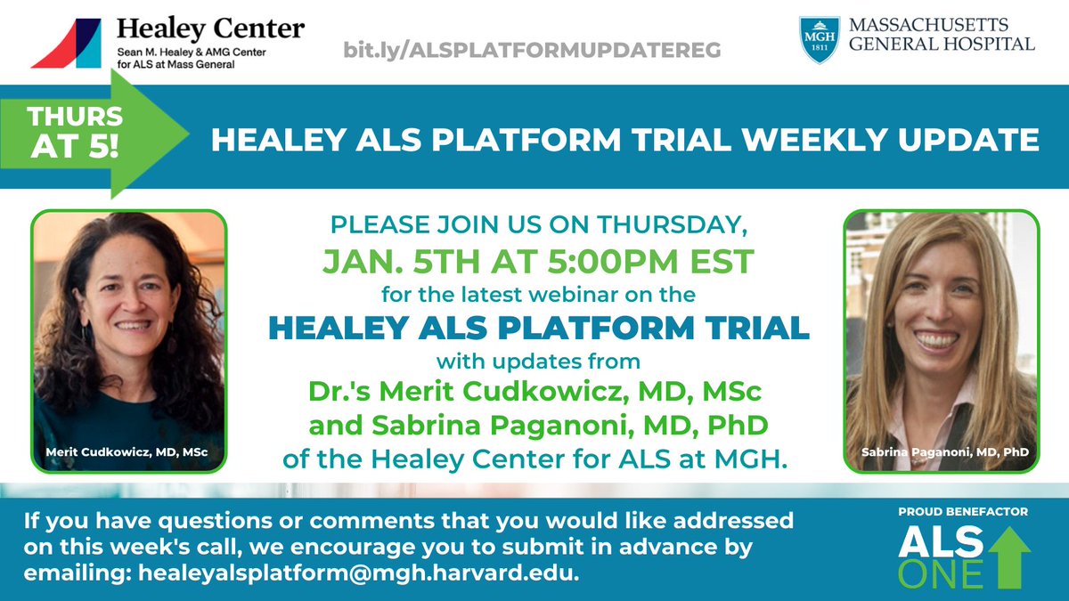 alsone_official's tweet image. Join us this Thurs, 1/5/23 @5pmEST/4PST/3CST for the latest on The Healey #ALSPlatformTrial. Hosts @MeritCudkowicz and @PaganoniMDPhD will present updates &amp;amp; answer Q's from the audience. Reg bit.ly/ALSPLATFORMUPD….
#ALS #HealeyALSPlatformTrial #HealeyHope #Benefactor #EndALS