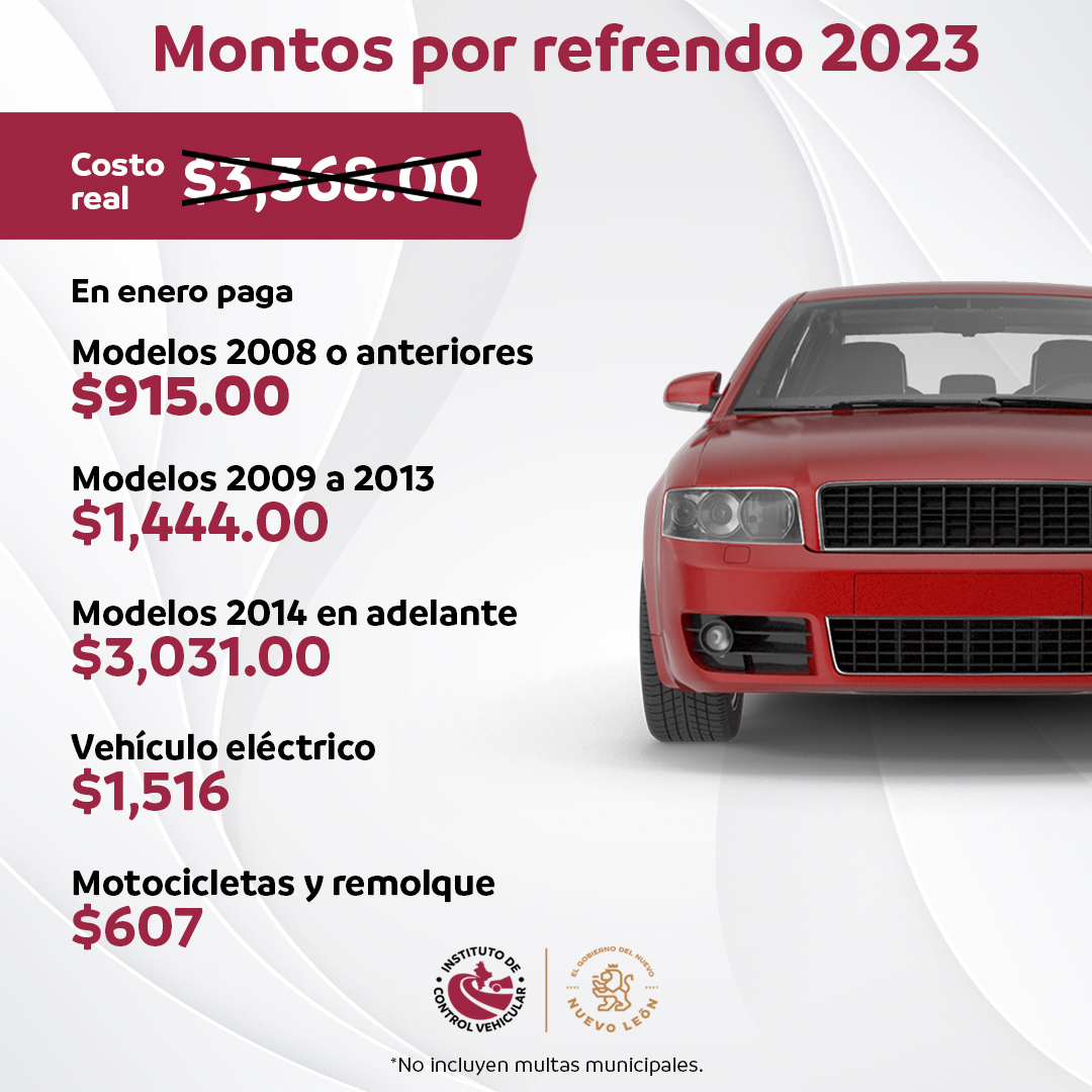 ICVNL's tweet photo. ¿Tienes duda sobre cuánto te tocaría pagar de tu refrendo 2023? ¡No te preocupes! Aquí te dejamos los montos vigentes durante enero, ya con descuentos y subsidios 👇 https://t.co/i4zGKkmVJq