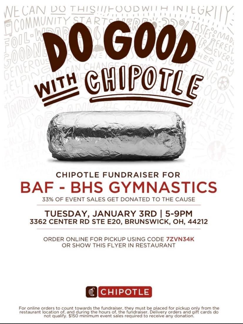 BwickAthlFound's tweet image. Head to chipotle tonight until 9pm to support the gymnastics team.  Make sure to mention this flyer