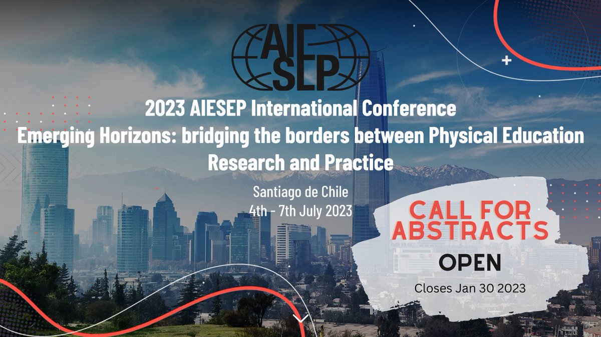 REMINDER: Abstract submission for AIESEP 2023 in Santiago de Chile, July 4-7 2023 is OPEN! Are you interested in presenting your related research? There will be sessions in English and in Spanish! Submissions are due by January 30th aiesep2023.com/call-for-abstr…