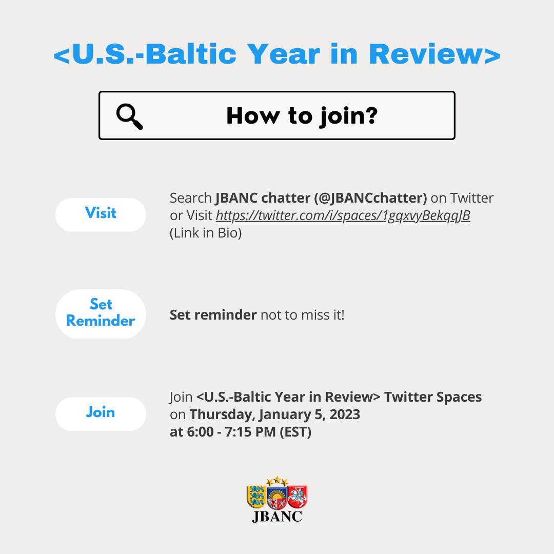 JBANCchatter's tweet photo. Join us for a <U.S.-Baltic Year in Review> on #TwitterSpaces
🗓️ Thursday, January 5, 2023
⏰ 6:00-7:15 PM (EST)
📍@JBANCchatter
🔗https://t.co/iEgXq188TC
🗣️ With @JamesAaronRice, @atiersky, @SecurityBaltic
#JBANC #Baltics #Estonia #Latvia #Lithuania https://t.co/FEwRvDmizv