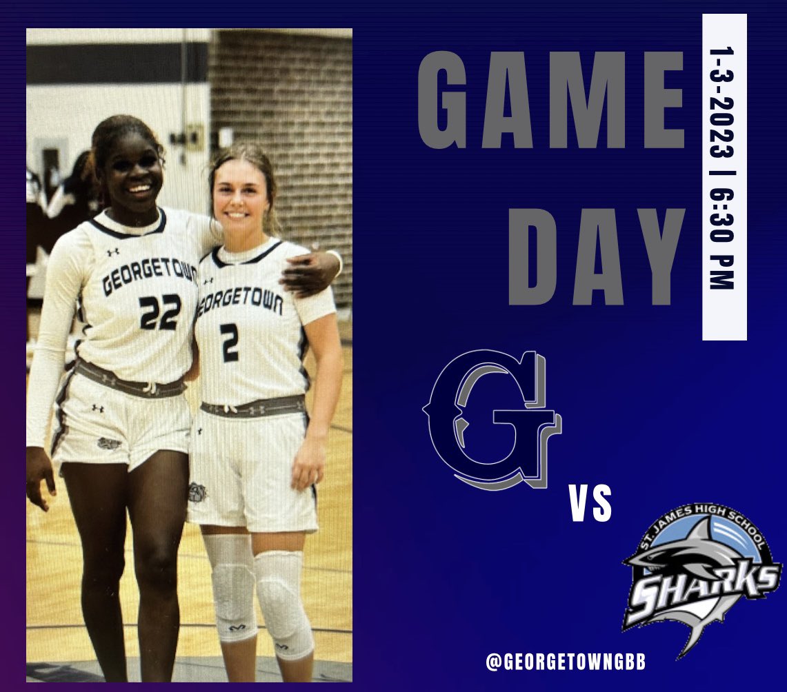 GeorgetownGBB's tweet photo. Headed up to the Inlet for a showdown in the Shark Tank.

🏀 | Georgetown (7-6) @ St. James (7-6)
⏰ | 6:30 pm 
📍 | St. James High School
🎟️ | https://t.co/9KR1A2Y3pt https://t.co/3frKRmkW0M