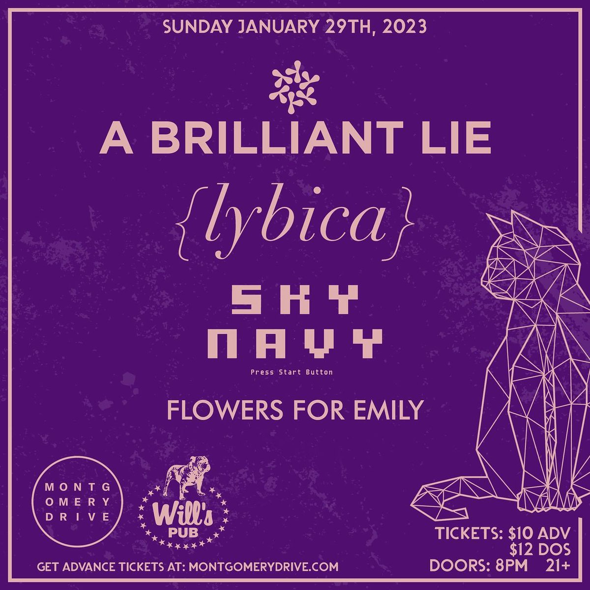 🚨🚨NEW SHOW ALERT🚨🚨
We've waited a long time to make one of these announcements but...

<a href="/ABrilliantLie/">A Brilliant Lie</a> live at <a href="/willspub/">Will's Pub</a> in Orlando, FL. Sunday Jan 29. 8PM 21+ show. Tickets $10 ($12 day of show)

Also on stage: <a href="/LybicaBand/">Lybica</a>, @SkyNavy2, and <a href="/FlowersfoEmily/">Flowers for Emily</a> 
 
TELL YOUR FRIENDS!