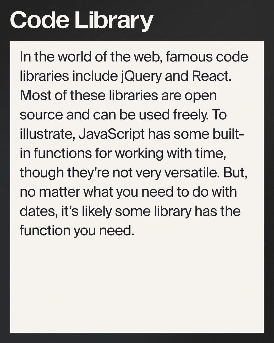 TripleTenTech's tweet image. 📚Let’s talk code libraries 📚
It pays for any budding dev to know about code libraries. Don’t get freaked out imagining rows and rows of books full of code. A code library is just a bunch of prewritten code devs can reuse 🙌

#Coding #CodeLibrary #Program #Datejs