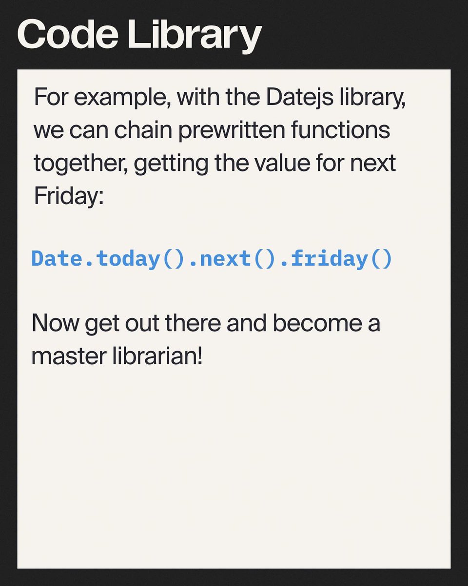 TripleTenTech's tweet image. 📚Let’s talk code libraries 📚
It pays for any budding dev to know about code libraries. Don’t get freaked out imagining rows and rows of books full of code. A code library is just a bunch of prewritten code devs can reuse 🙌

#Coding #CodeLibrary #Program #Datejs