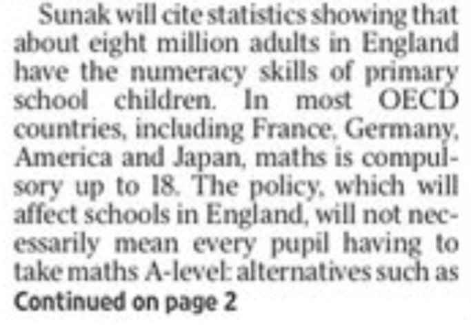 Such a teasing end to the article on the front page - 'The policy, which will affect schools in England, will not necessarily mean every pupil having to take maths A-level: alternatives such as...'
Is the answer #CoreMaths ?!?

#MathsEd #MathsEdResearch