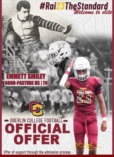 EmmettSmiley's tweet photo. After a wonderful conversation with @CoachJay1147, I would like to announce that I received an offer from @oberlincollege. https://t.co/hDUL9lgZAN