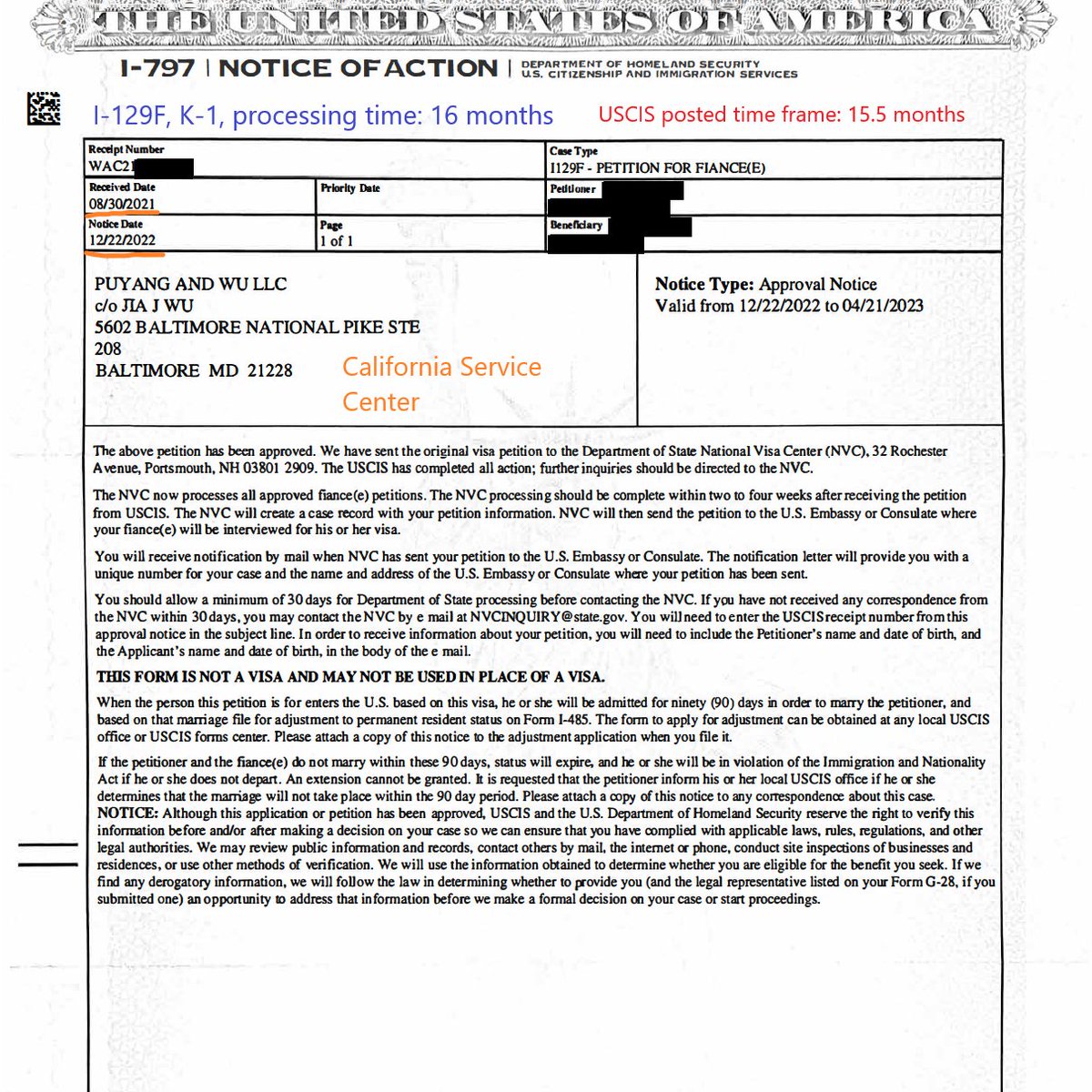 jayw_u's tweet photo. Our most recent I-129F, K-1, petition approval. Took 16 months! Very close to the posted time frame. Note this is just the first step. A layover at NVC next and then transfer to the consulate. #k1 #fianceevisa #I129F https://t.co/MMHgjw602e