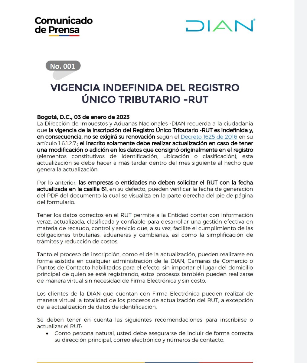 cabogadosa1's tweet photo. Tributario: La DIAN recuerda a la ciudadanía que la vigencia de la inscripción del Registro Único Tributario -RUT es indefinida y, en consecuencia, no se exigirá su renovación https://t.co/WIVtFT7od3 https://t.co/8LsYrPQjGp
