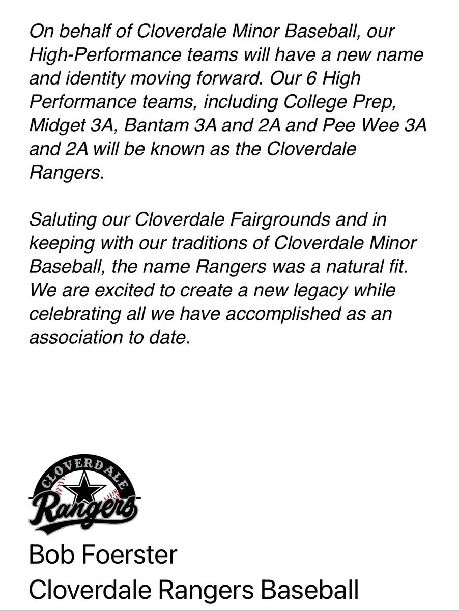 CloverRangers's tweet photo. Cloverdale Baseball Association is pleased to announce that the 6 High Performance Teams representing our Association will now be know as the Cloverdale Rangers. 

Please see announcement below from the High Performance Director Bob Foerster https://t.co/osMQRs3yAs