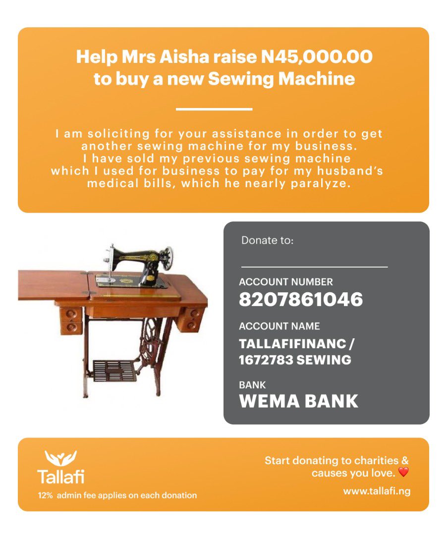 Tallafi_ng's tweet photo. Donate Directly to 

8207861046
TALLAFIFINANC/1672783 SEWING -
Wema Bank

#tallafiassist #GoFundMe 
cc @DONJAZZY https://t.co/NlBomAzDwT