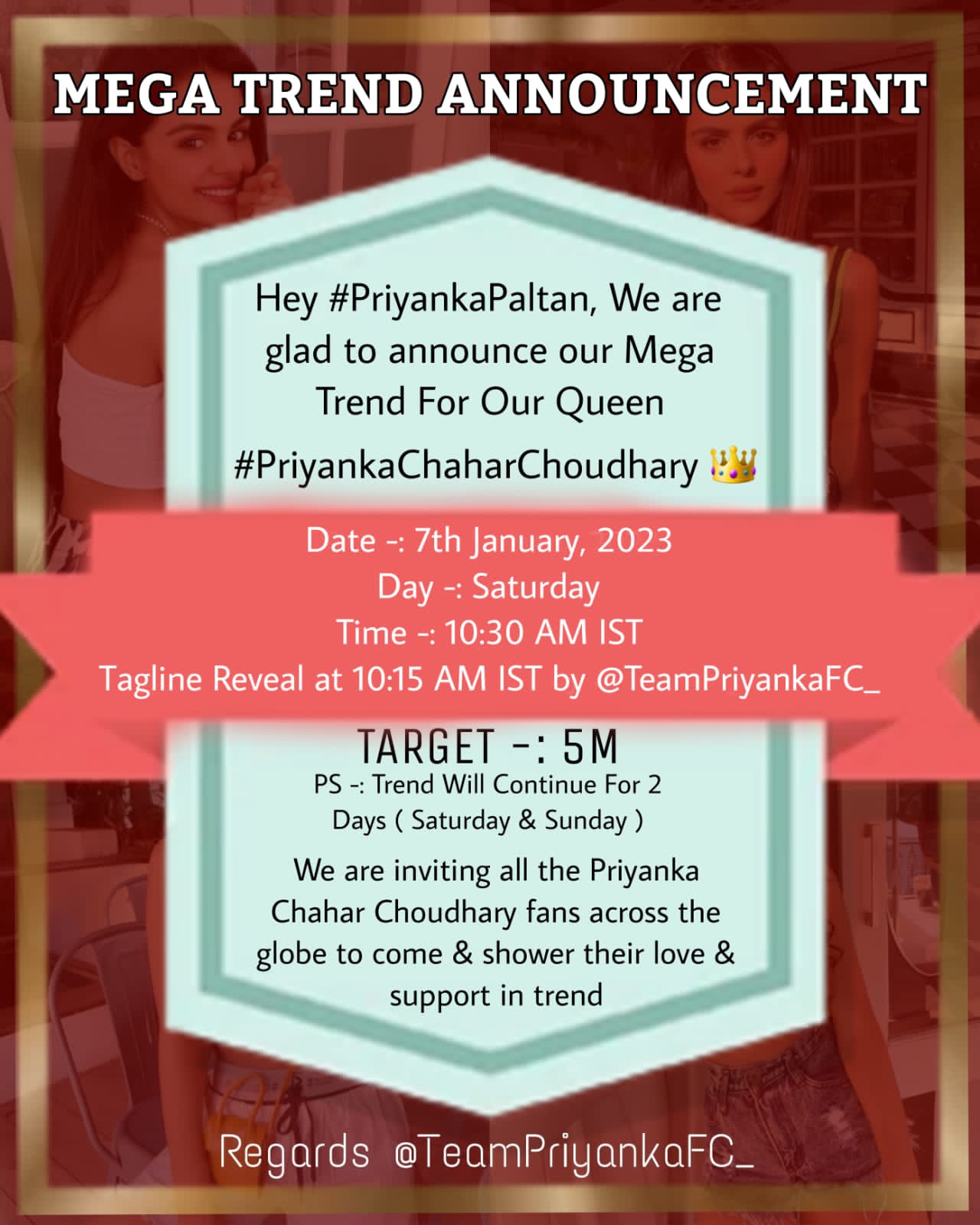 ???? ???????? ?????? On Twitter: ?Mega Trend Reminder?  Date -: 7Th January, 2023 Day -: Saturday Time -: 10:30 Am Ist Tagline  Reveal At 10:15 Am Ist By @Teampriyankafc_ ✓ Start Saving