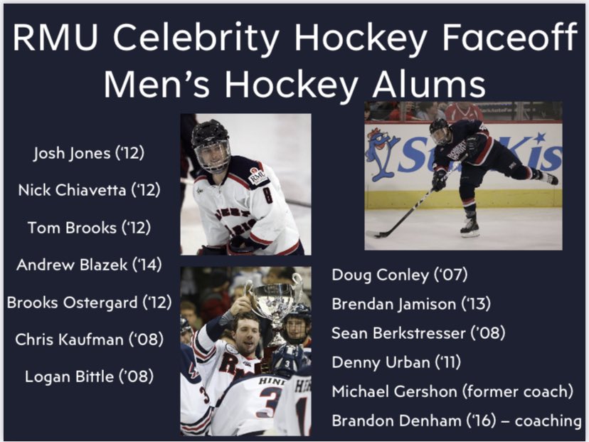 ColonialHF's tweet photo. ‼️Announcement‼️

Here are all of the alums from @RMUMHockey participating in the RMU Celebrity Hockey Faceoff! January 15 @penguinsrinks! 

Get your tickets now to see these alums back in Pittsburgh wearing Colonial jerseys! 🔴⚪️🔵

🎟️ https://t.co/YsUFKpz6oY https://t.co/CvJ0v81ppf