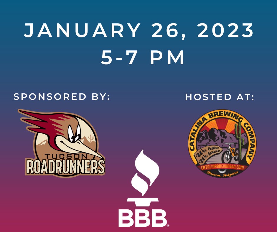 tucsonbbb's tweet photo. Happy New Year!🎉We are so excited for this month's #BBBNetworkingMixer! 
Please join us on Thurs. Jan. 26 from 5-7pm at Catalina Brewing Company. We can't wait!🤩
#businessnetworking #bbblovesbusiness #funstartswithus #BBBSoAz #NetworkingTucson #lawofconnection #supportlocal https://t.co/KYsJcBkCD4